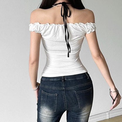 Off shoulder halter bowknot ruffle 2 piece top