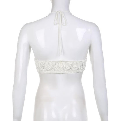 Metal chain ruched v neck halter self tie backless crochet crop top