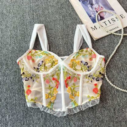 Flower embroidery bustier mesh cami top