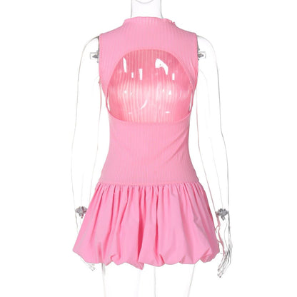 Sleeveless high neck ruched ribbed mini dress