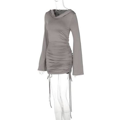 Hoodie long sleeve ruched drawstring mini dress