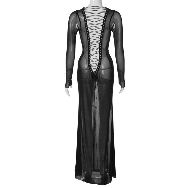 Studded Crew Neck Body Print Sheer Mesh Long Sleeve Maxi Dress