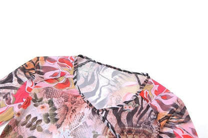V neck long sleeve sheer mesh self tie print top