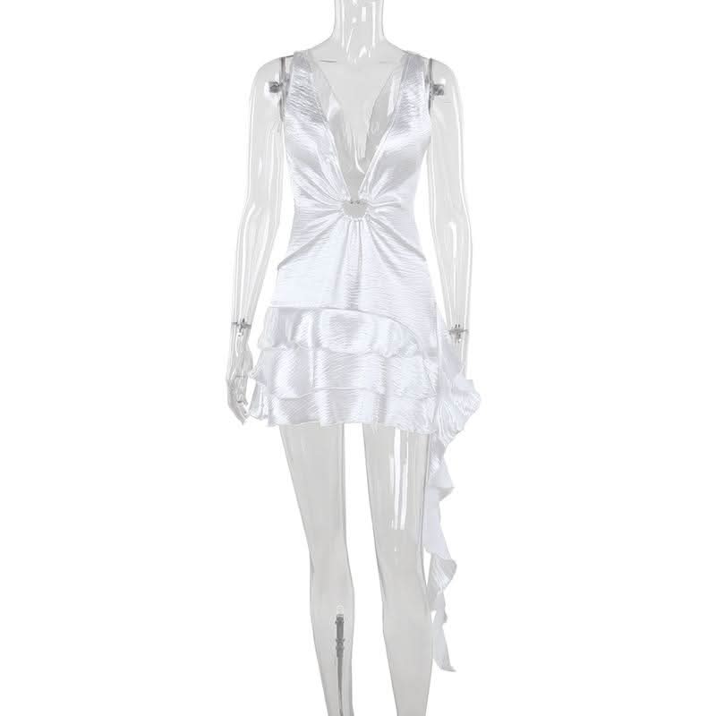 Ruffle deep V neck ruched irregular solid mini dress