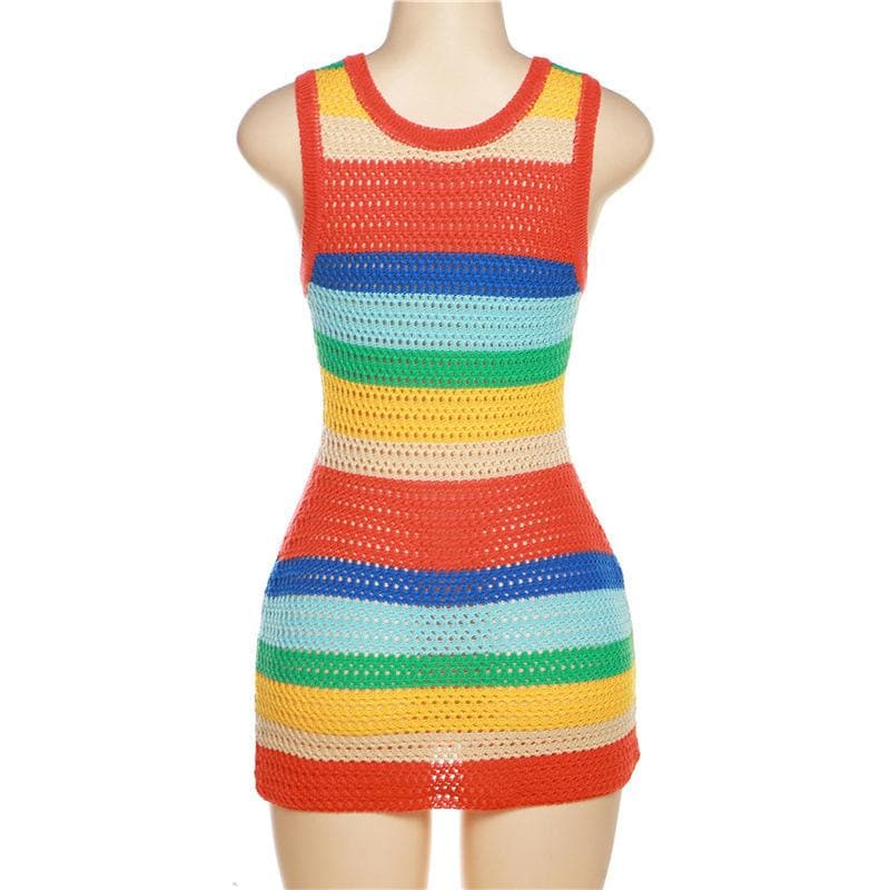 Striped Open-Knit Crochet Scoop Neck Tank Bodycon Mini Dress