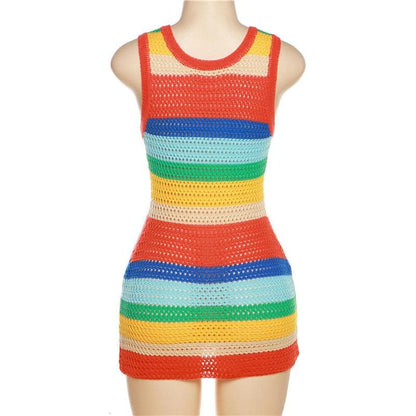 Striped Open-Knit Crochet Scoop Neck Tank Bodycon Mini Dress