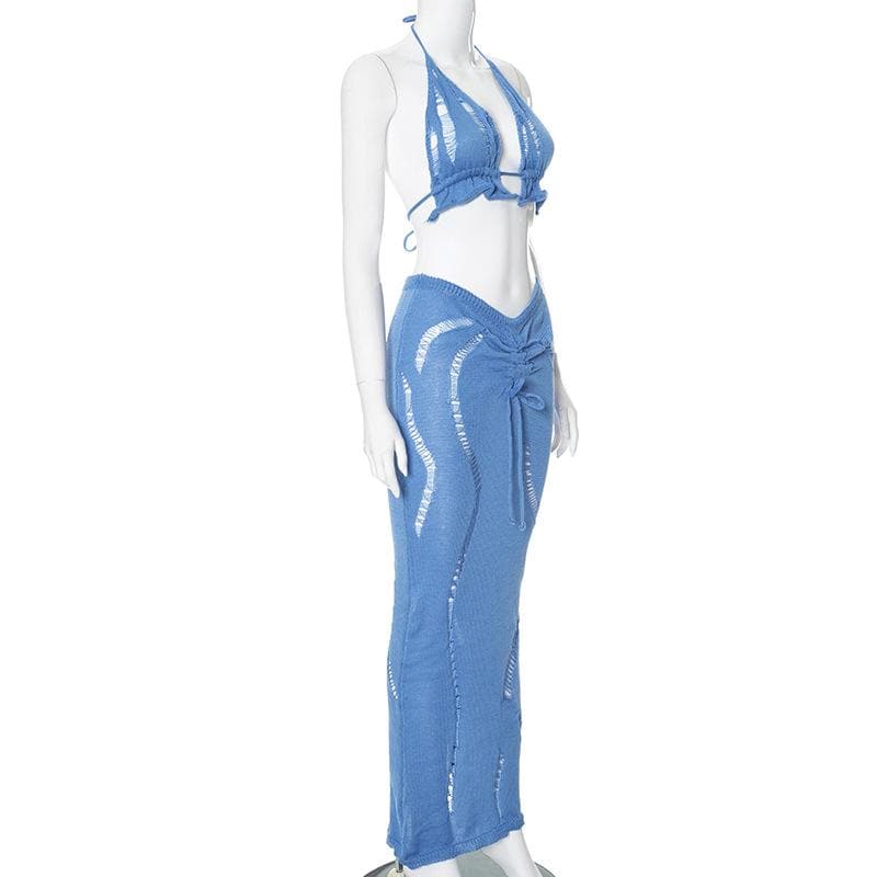 Halter knitted drawstring self tie slit maxi skirt set
