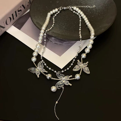 Layered faux pearl butterfly decor choker necklace