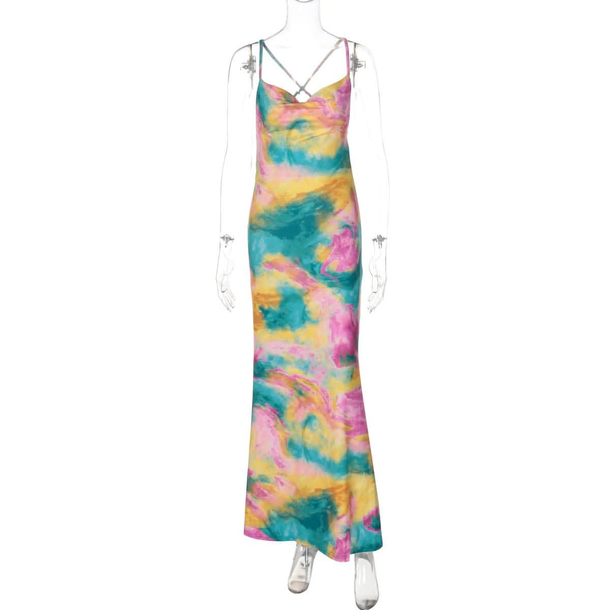 Tie dye cross front cami maxi dress-final-sale