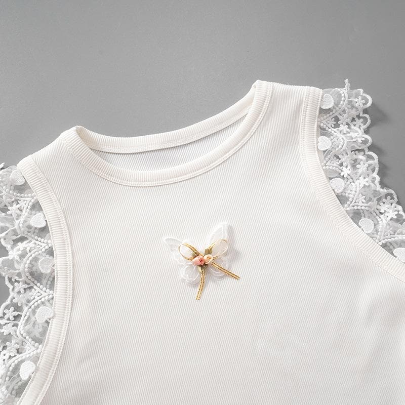 Lace hem ribbed butterfly applique top