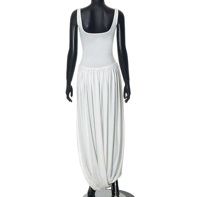 U neck ruched high slit backless cami maxi dress