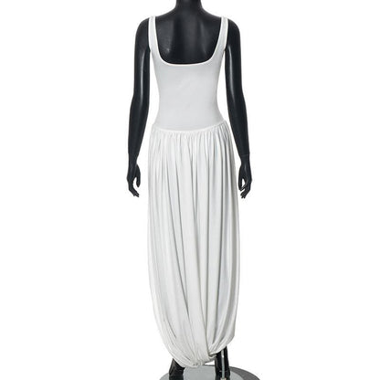 U neck ruched high slit backless cami maxi dress