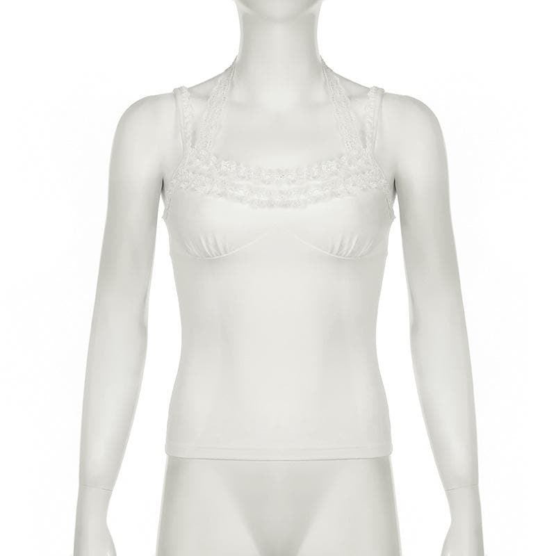 Halter lace hem ruched self tie cami top