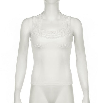 Halter lace hem ruched self tie cami top