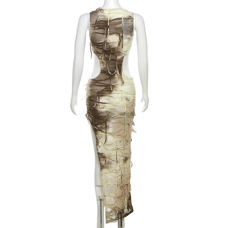 Tie Dye Shredded Side Cutout High Slit Sleeveless Maxi Dress