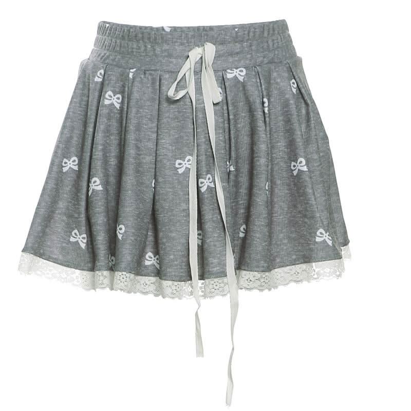 Drawstring lace hem bowknot print A line mini skirt