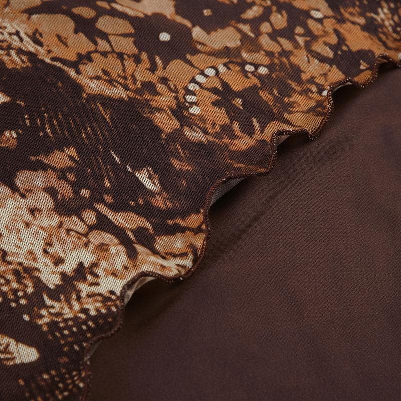 U neck print mesh backless cami maxi dress