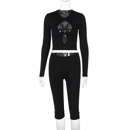 Long sleeve hollow out bowknot pant set