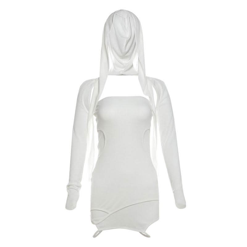 Hoodie long sleeve hollow out shrug mini skirt set