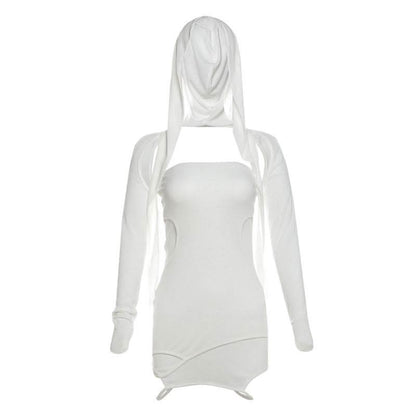 Hoodie long sleeve hollow out shrug mini skirt set