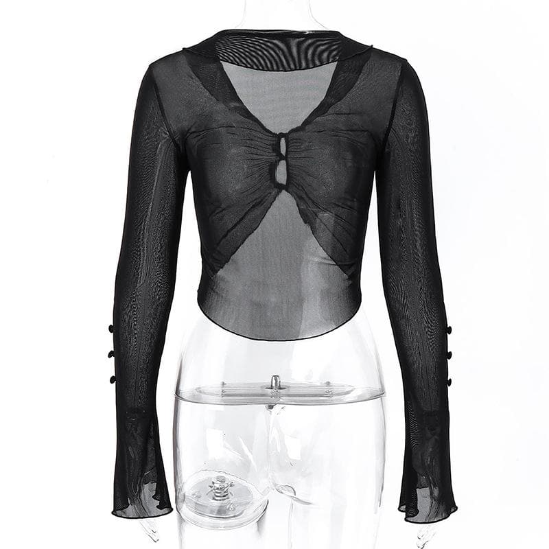 Sheer mesh see through button hollow out long sleeve crop cut out top