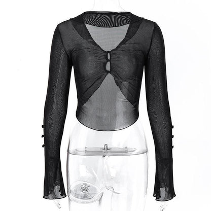 Sheer mesh see through button hollow out long sleeve crop cut out top