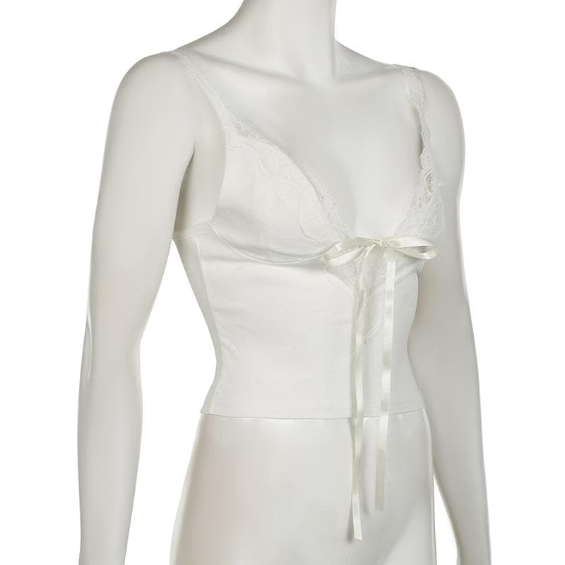 Bowknot ribbon lace hem backless solid cami top