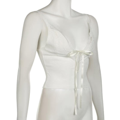 Bowknot ribbon lace hem backless solid cami top