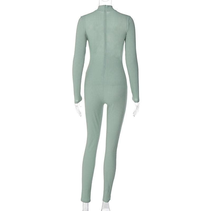 Hollow out long sleeve solid zip-up high neck jumpsuit - Final Sale-final-sale