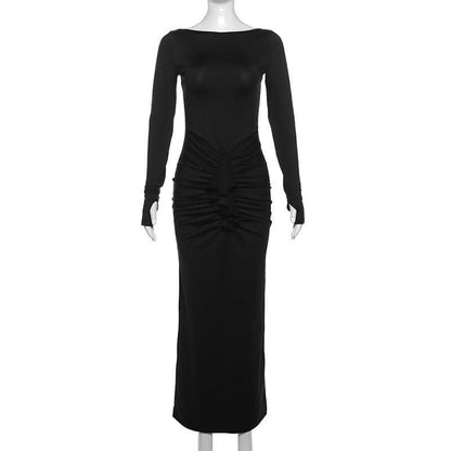 Ruched long sleeve solid gloves round neck maxi dress-final-sale