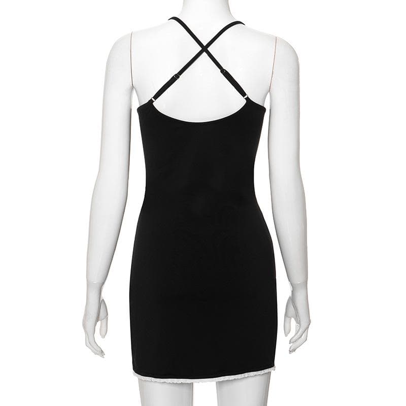 Bowknot ribbon lace hem u neck cross back backless cami mini dress