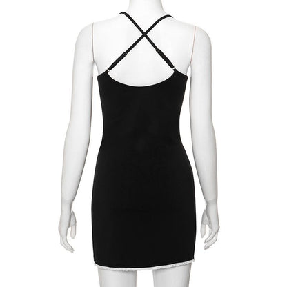 Bowknot ribbon lace hem u neck cross back backless cami mini dress