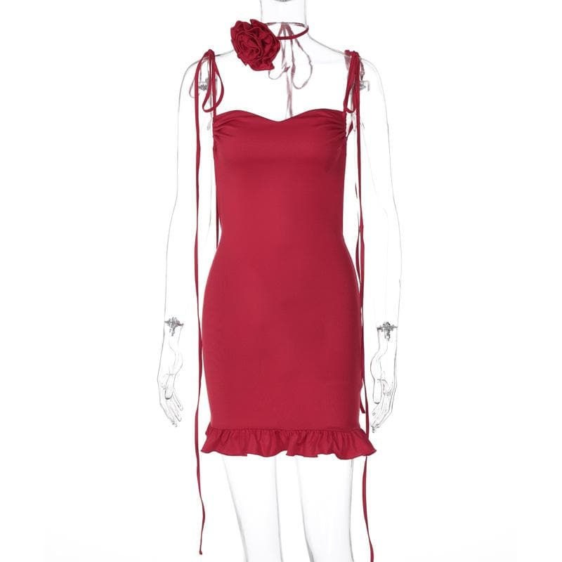 Rose applique ruched ruffle knotted cami mini dress