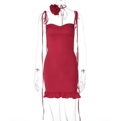 Rose applique ruched ruffle knotted cami mini dress