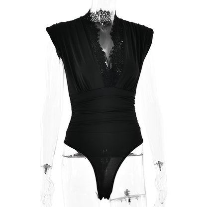 V neck lace hem ruched solid bodysuit