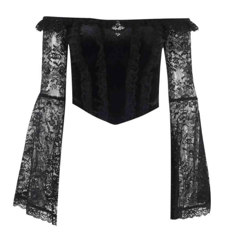 Long flared off shoulder lace cross applique top