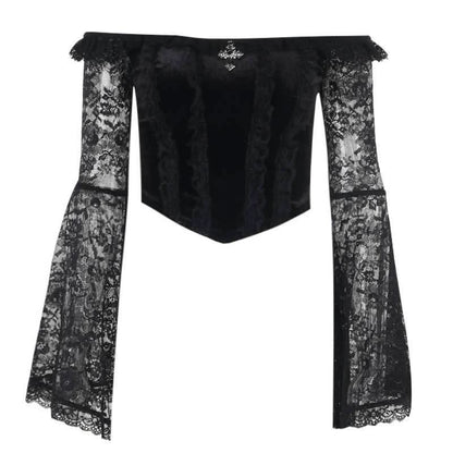 Long flared off shoulder lace cross applique top