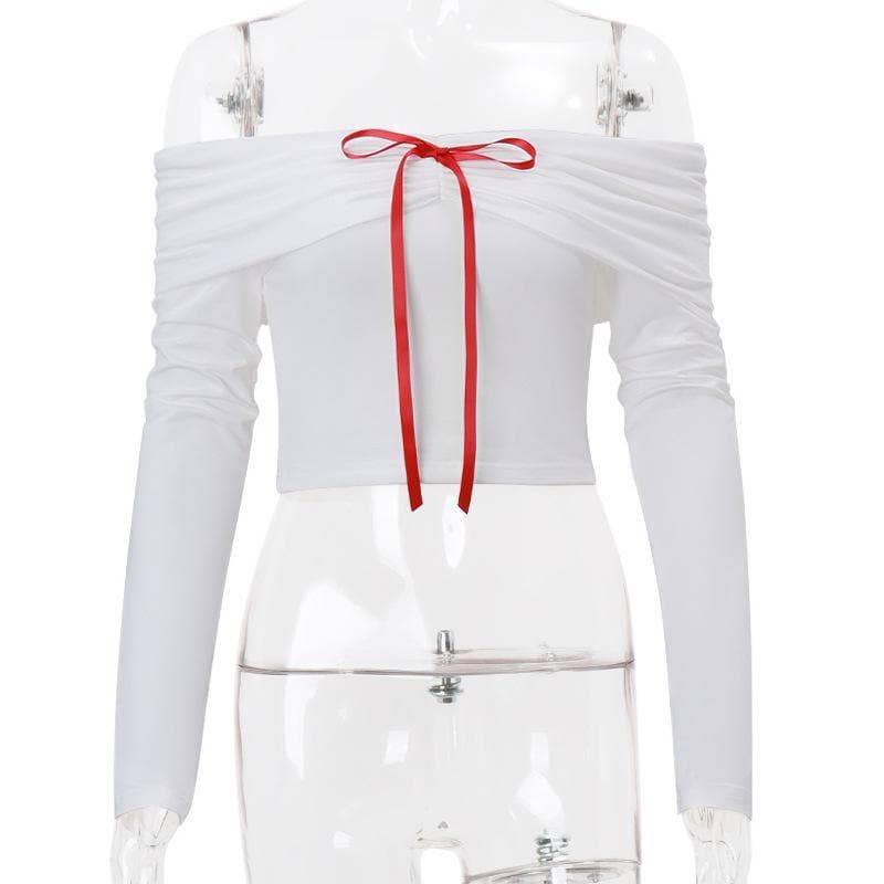 Long sleeve off shoulder bowknot ribbon top