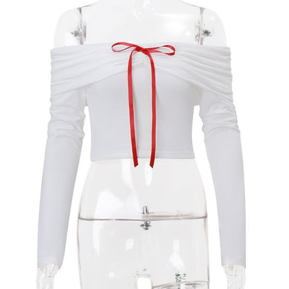 Long sleeve off shoulder bowknot ribbon top