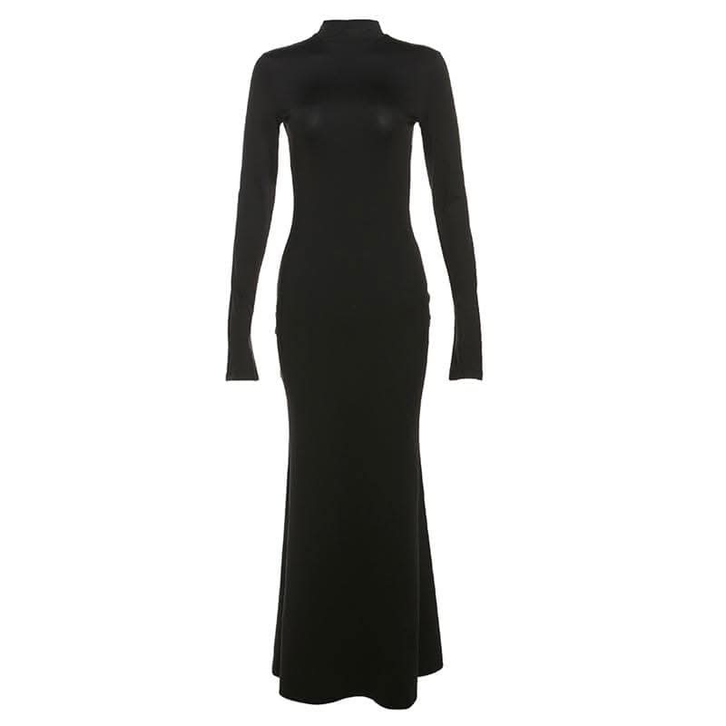 Backless high neck long sleeve solid maxi dress-final-sale