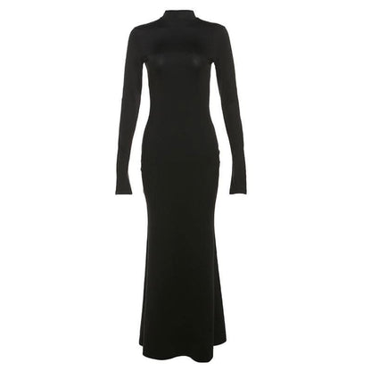 Backless high neck long sleeve solid maxi dress-final-sale