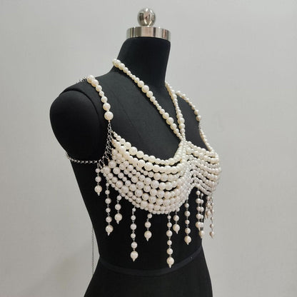 Halter pearls hollow out backless tassels cut out top