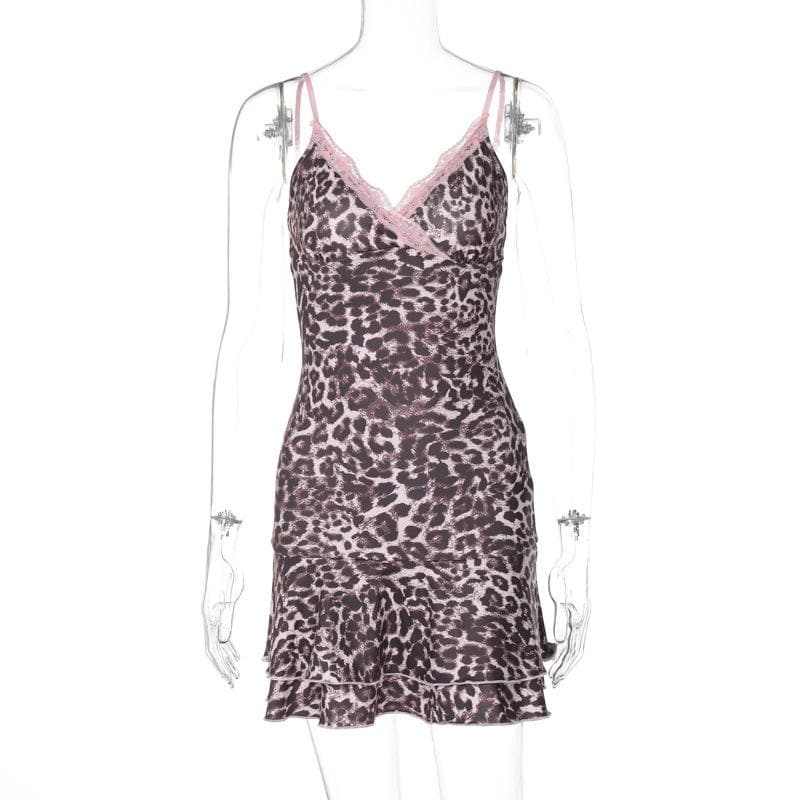 Leopard print v neck lace hem cami mini dress