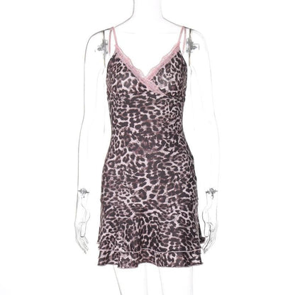 Leopard print v neck lace hem cami mini dress