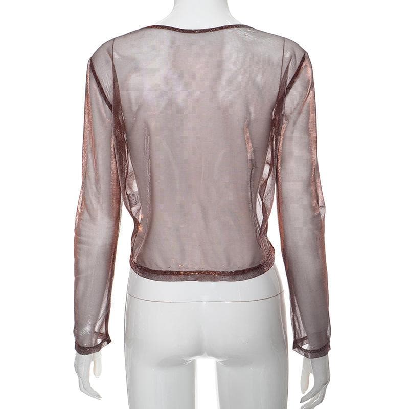 Long sleeve v neck drawstring ruched mesh top