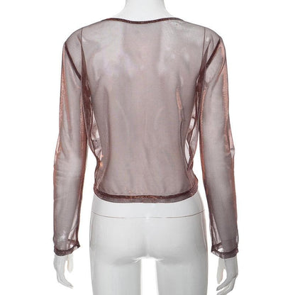 Long sleeve v neck drawstring ruched mesh top