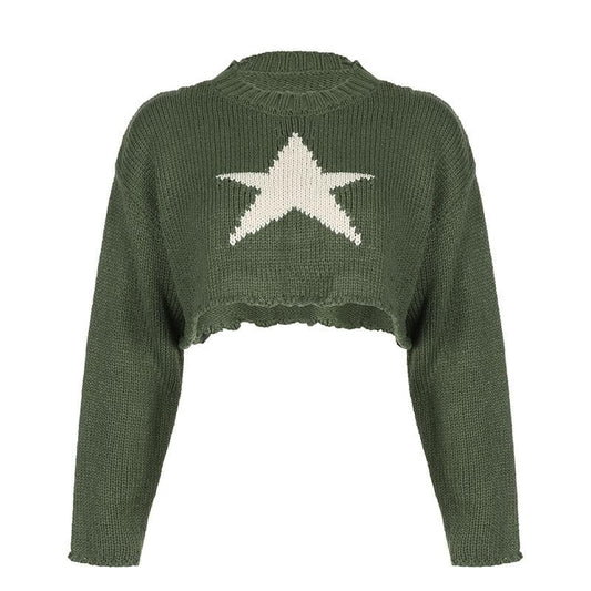 Knitted star pattern contrast long sleeve crewneck crop top