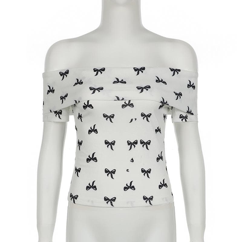 Off shoulder bowknot ribbed print top