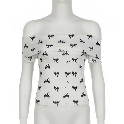 Off shoulder bowknot ribbed print top
