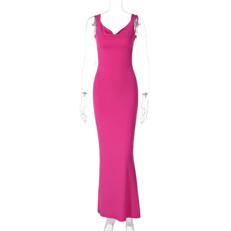 Cowl Neck Sleeveless Bow Back Mermaid Bodycon Maxi Dress